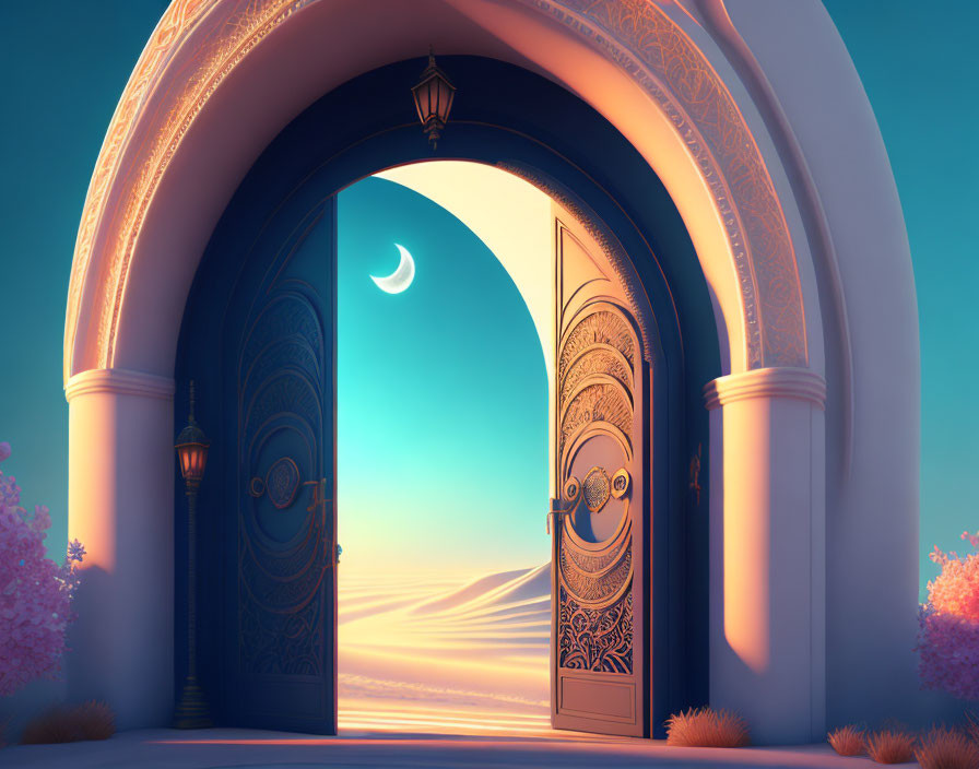 Ornate open door in desert twilight with crescent moon and pink trees