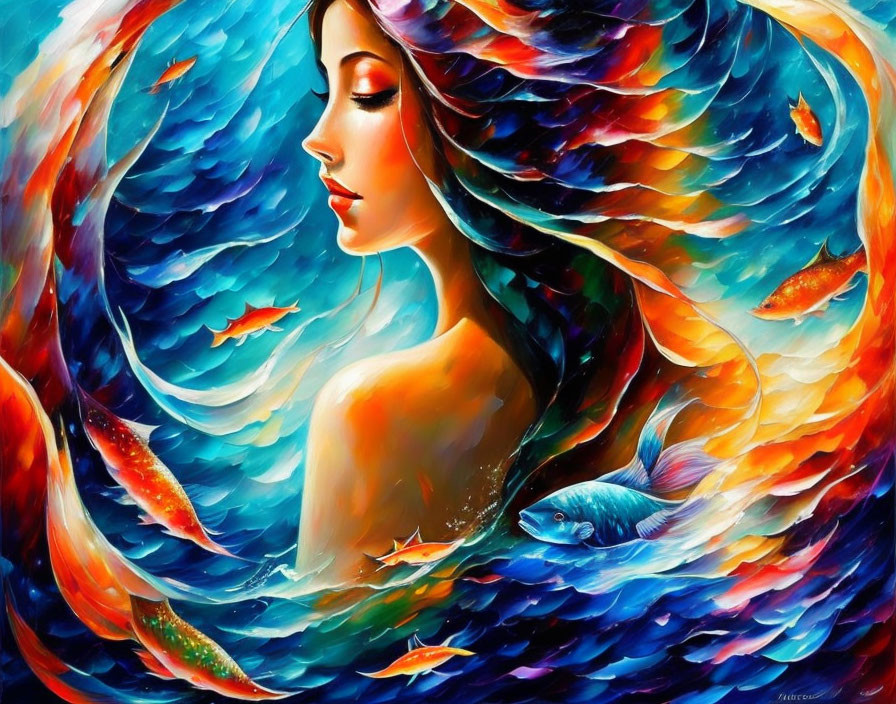 Vibrant artwork of serene woman with flowing hair in underwater scene