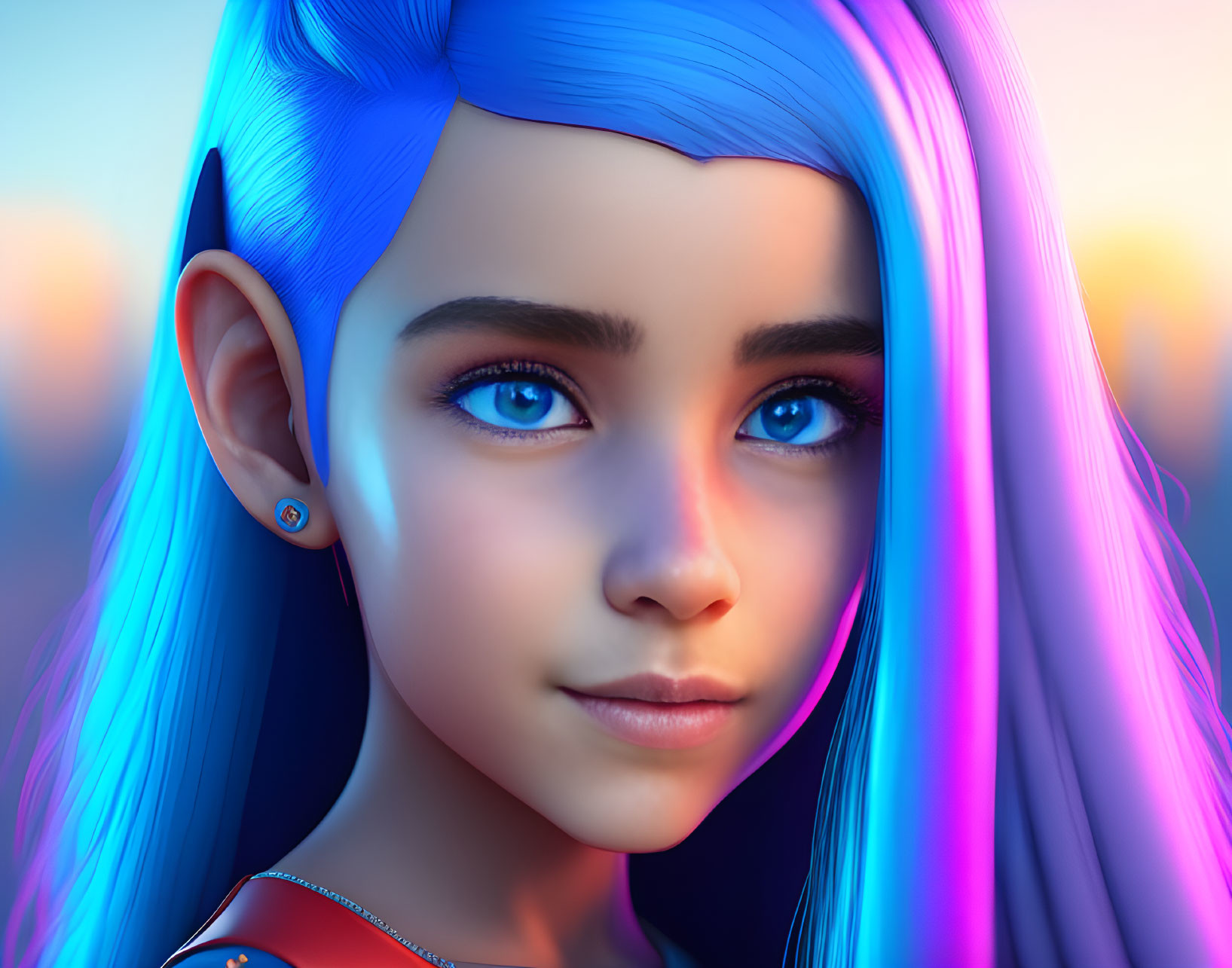 Blue-haired girl with elf-like ears and vibrant eyes in digital portrait