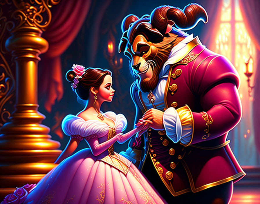 Animated characters in pink gown and regal outfit dance in opulent ballroom