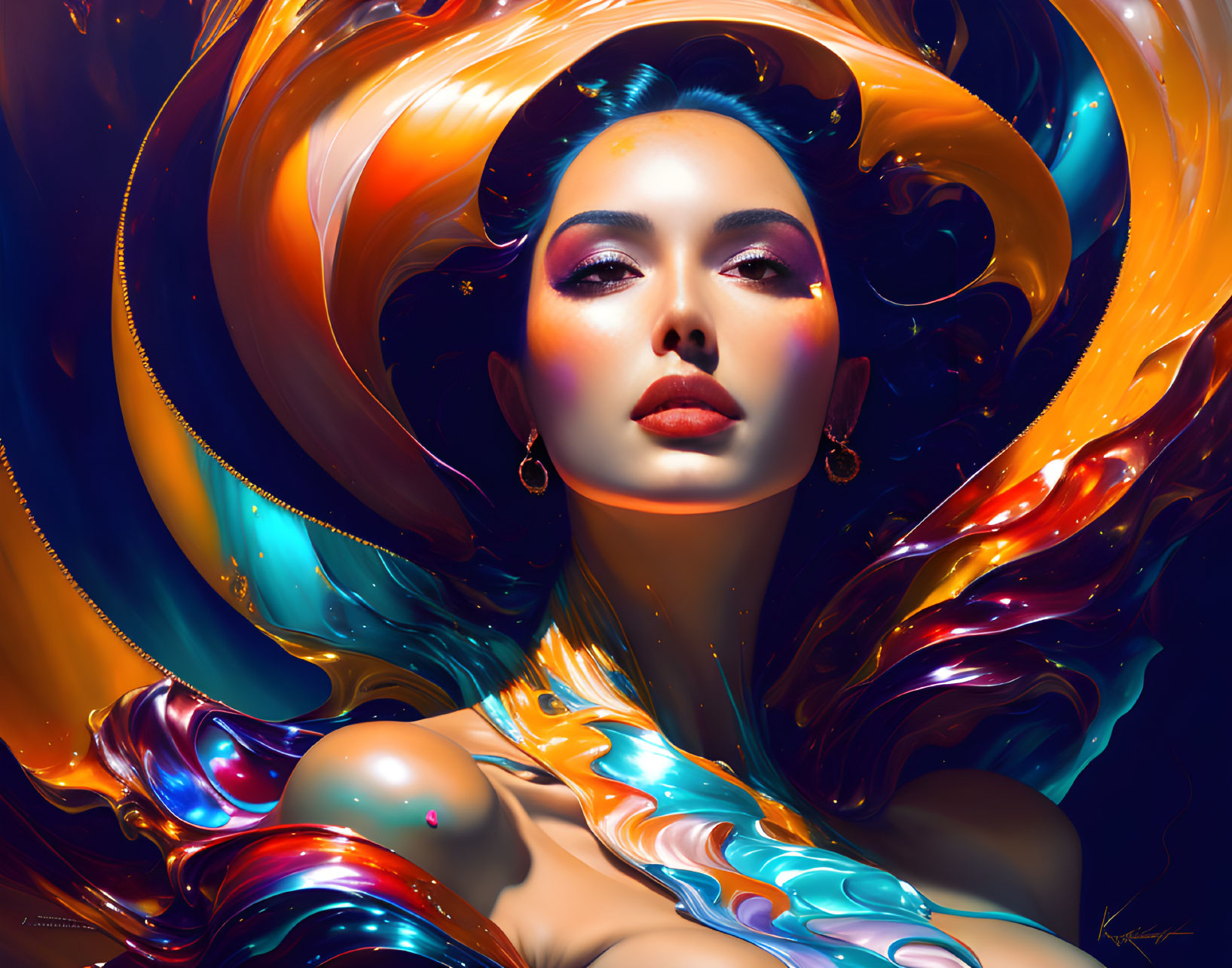 Colorful digital artwork: Woman with flowing hair in vibrant orange, blue, and gold hues on dark