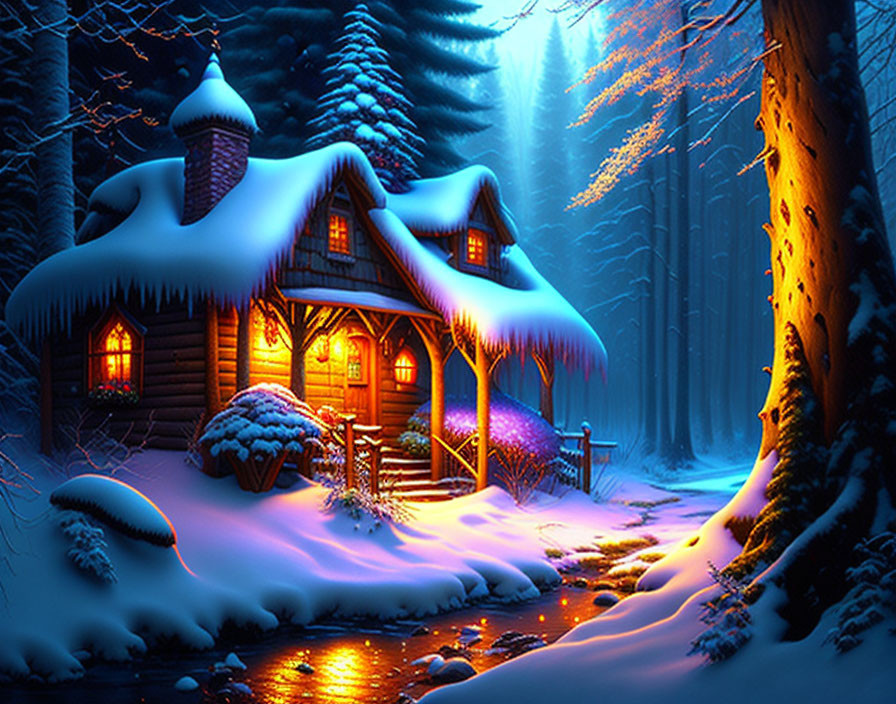 Snow-covered cottage in winter forest with warm light and blue shadows