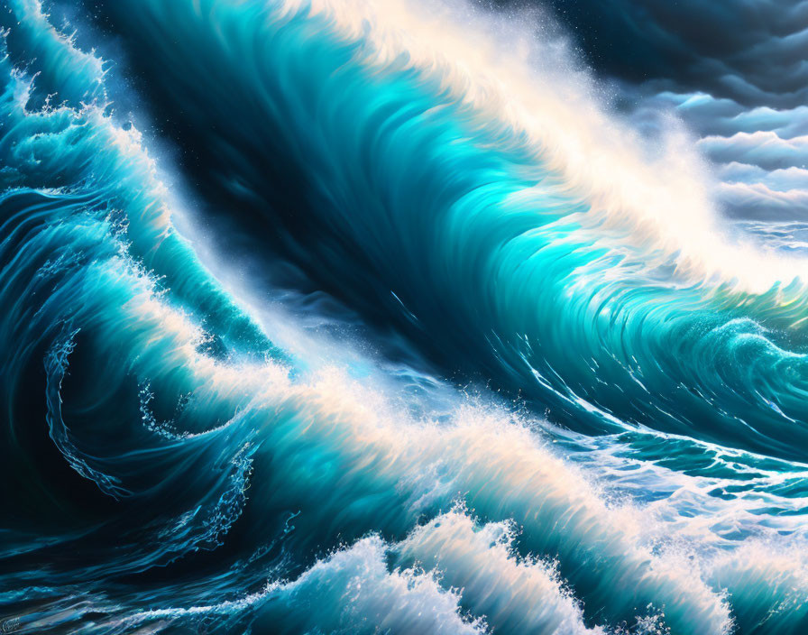 Vibrant turquoise wave with white foam on dark blue ocean