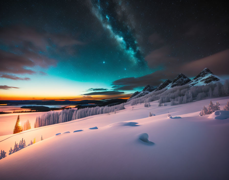 Aurora Over Snow-Covered Landscape with Silhouetted Mountains