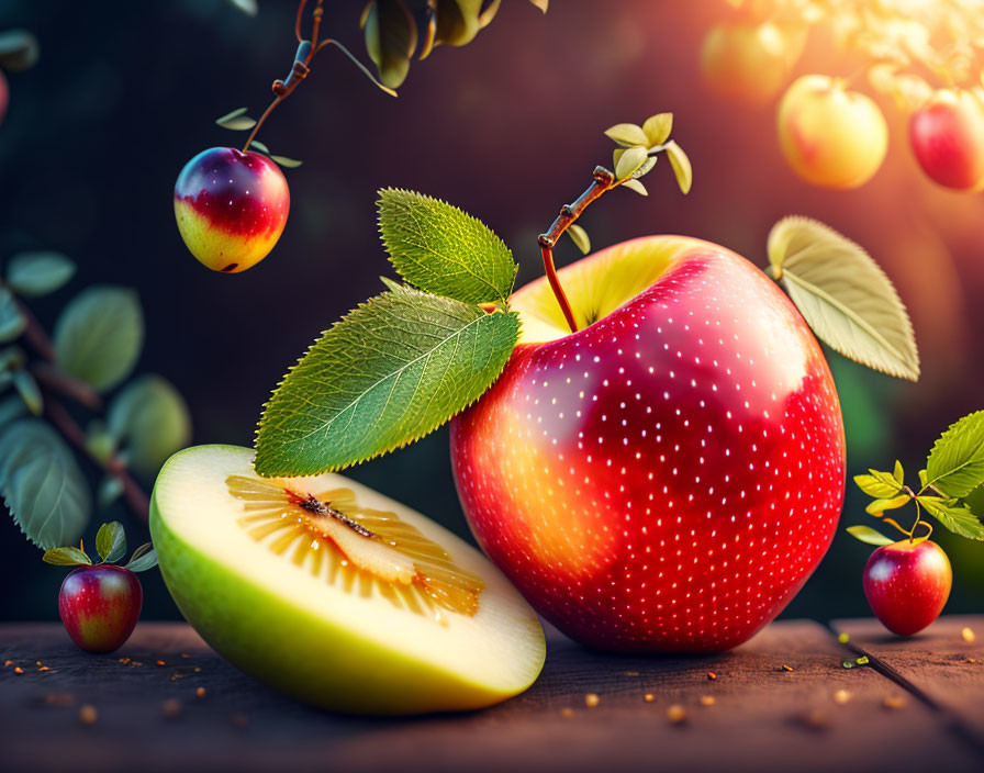 Colorful Still Life: Red Apple, Green Kiwi, and Mini Apples on Branches