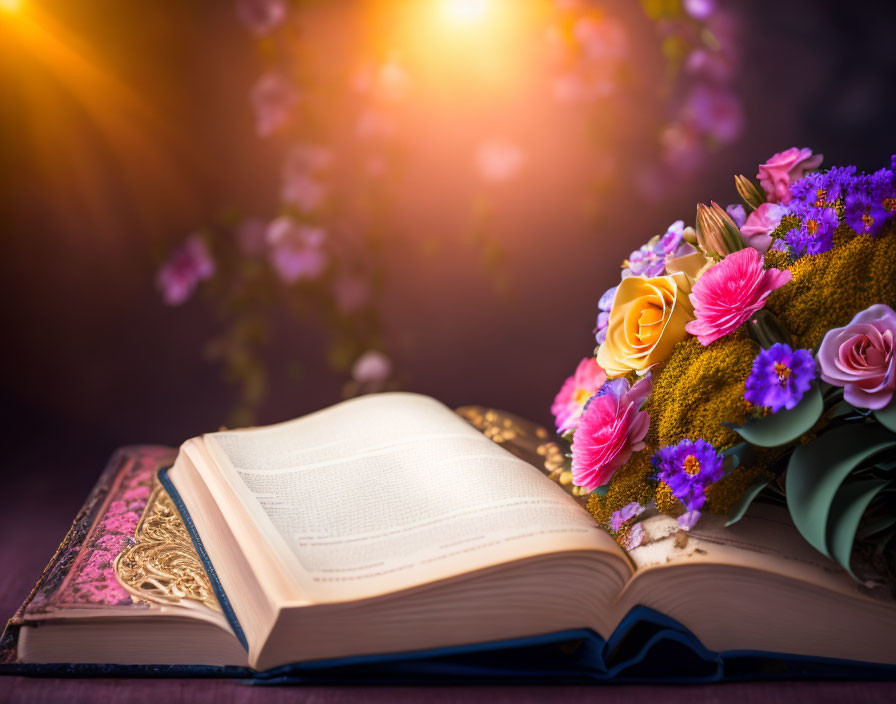 Colorful Fresh Flowers Adorned Open Book under Warm Light