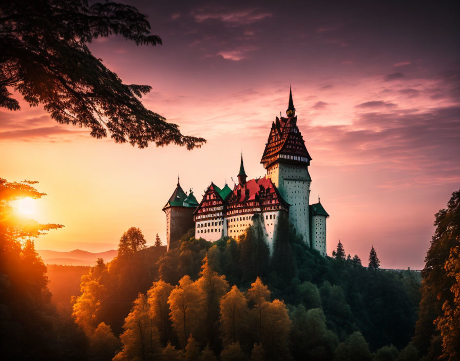 Castle on Hill in Forest at Sunset