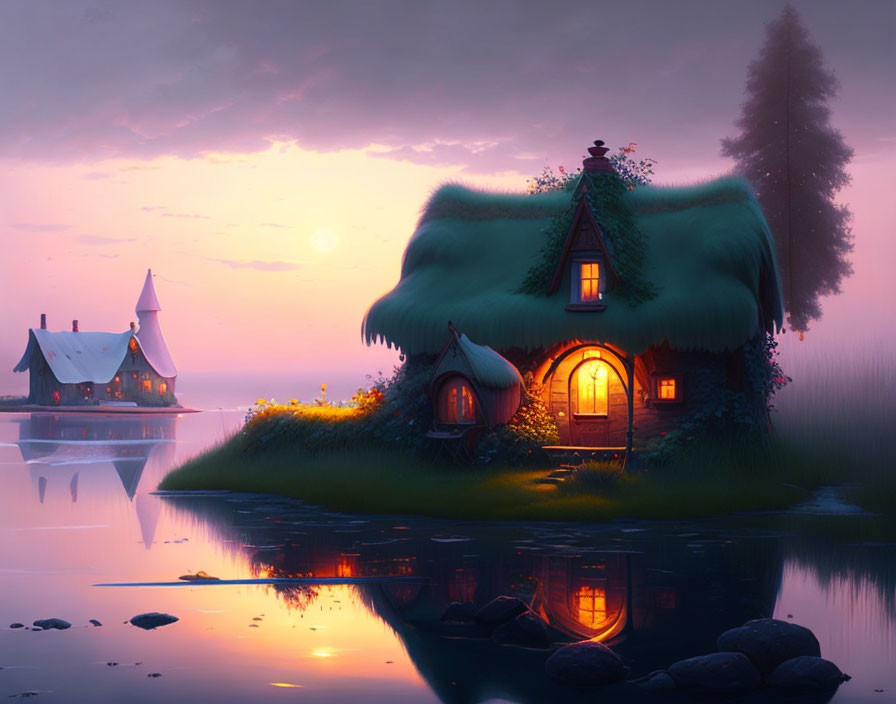 Tranquil Evening Scene: Thatched Cottage by Still Lake amid Lush Landscape