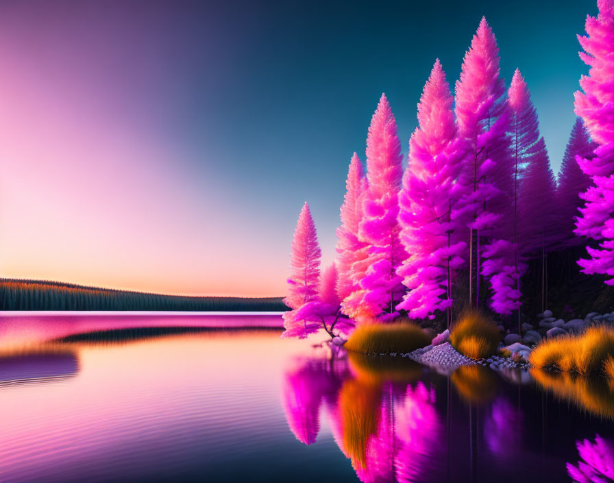 Pink and Purple Trees Reflecting in Calm Lake at Twilight