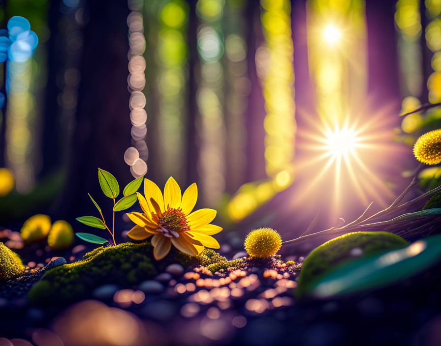 Sunlight illuminates yellow flower in mossy woodland