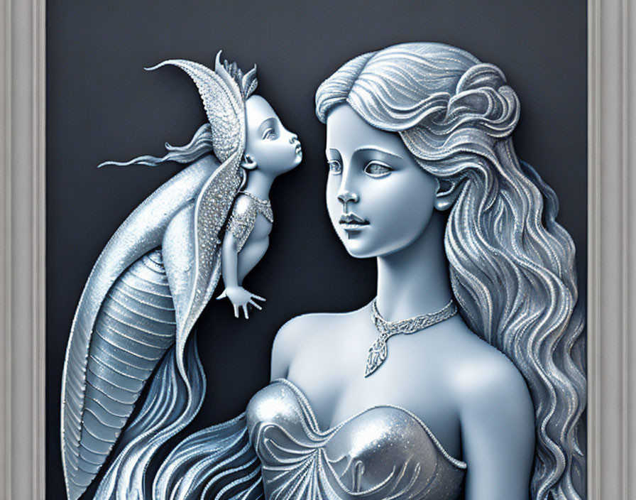 Fantastical silver-toned mermaid image with flowing hair and smaller creature on dark background