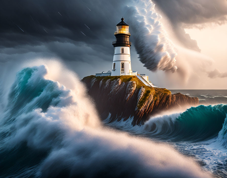 Stormy Seascape with Lighthouse on Cliff amid Towering Waves