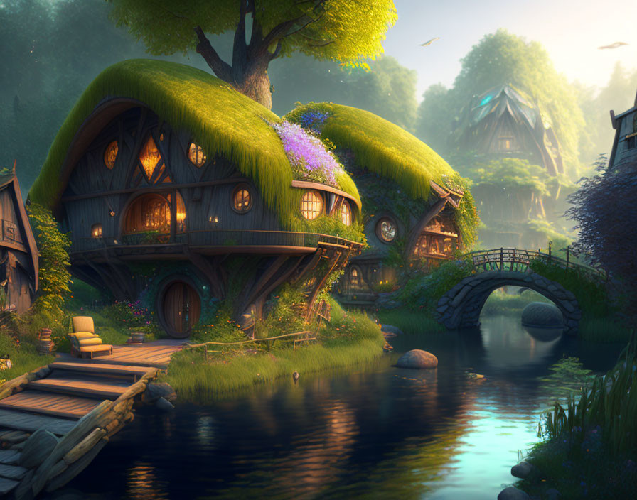 Fantasy cottage with grassy roofs and blooming flowers by serene pond