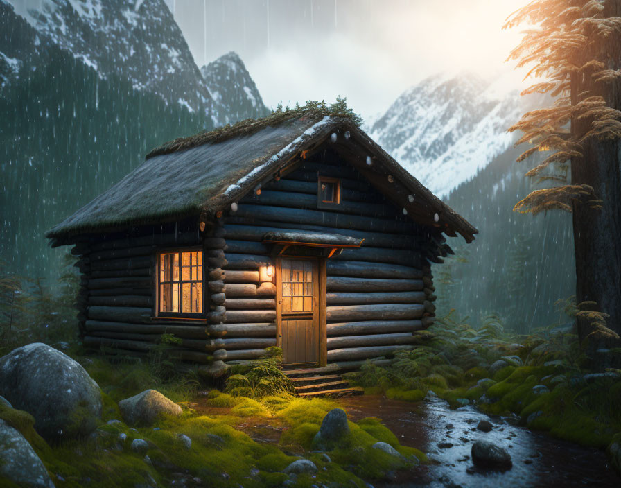 Rustic log cabin in forest with lit window on rainy day
