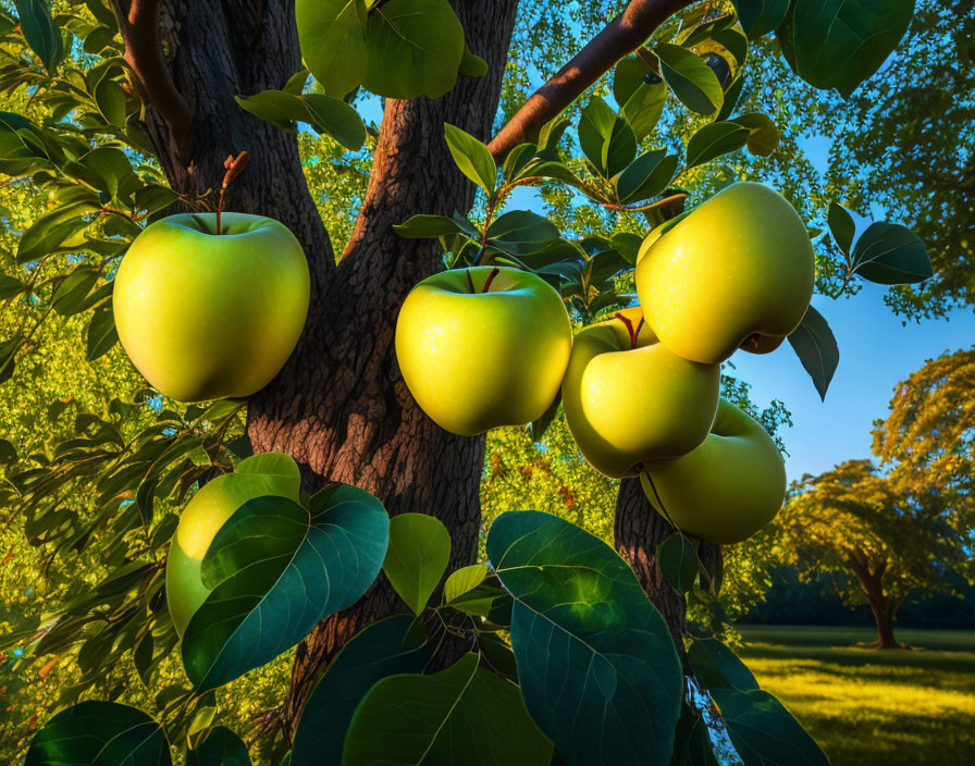 Vibrant green apples on tree branch in sunny park