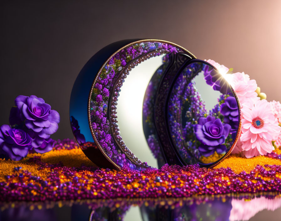 Ornate round mirrors reflecting deep purple roses on colorful flower petal surface