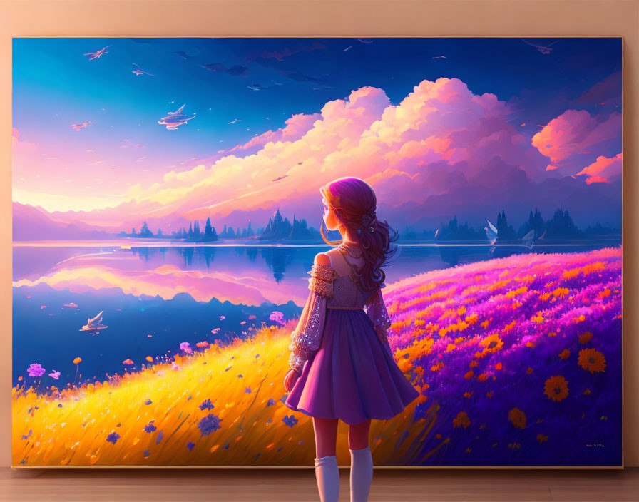 Girl in Purple Dress in Flower Field at Sunset Lake View