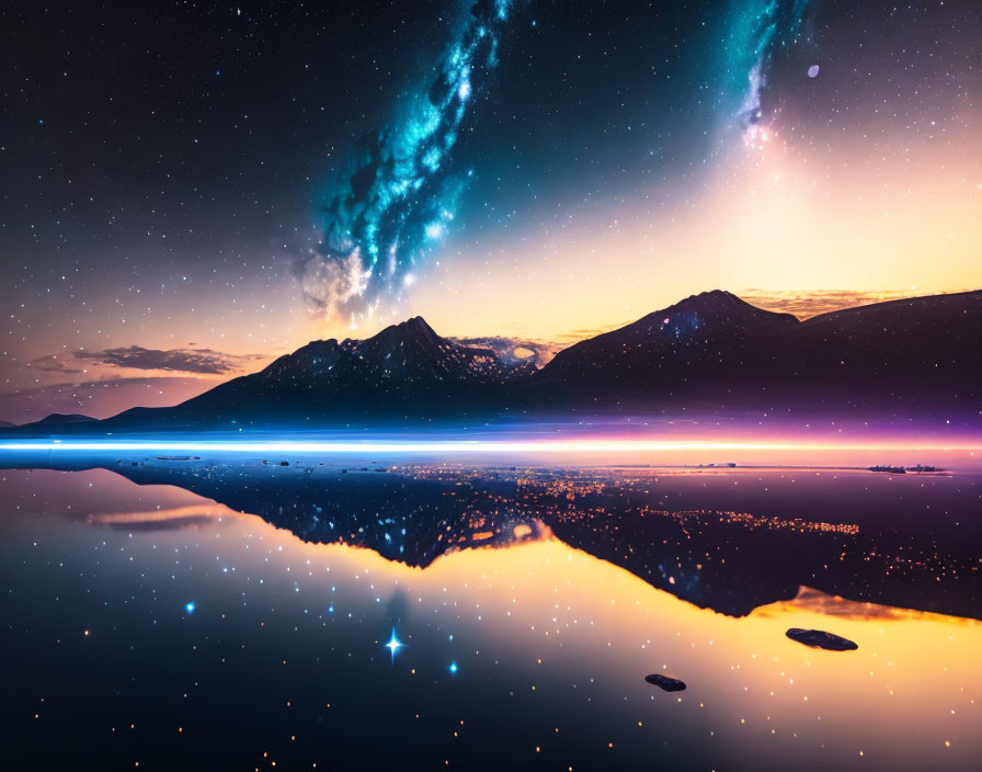 Nighttime scene: Milky Way over mountains and lake.