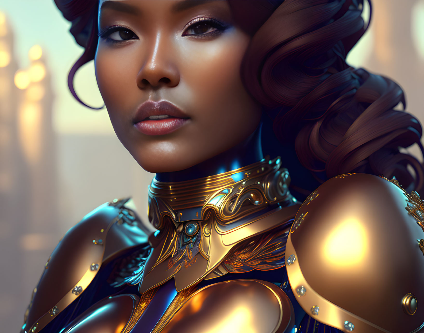 Confident woman in intricate braided hair and golden armor