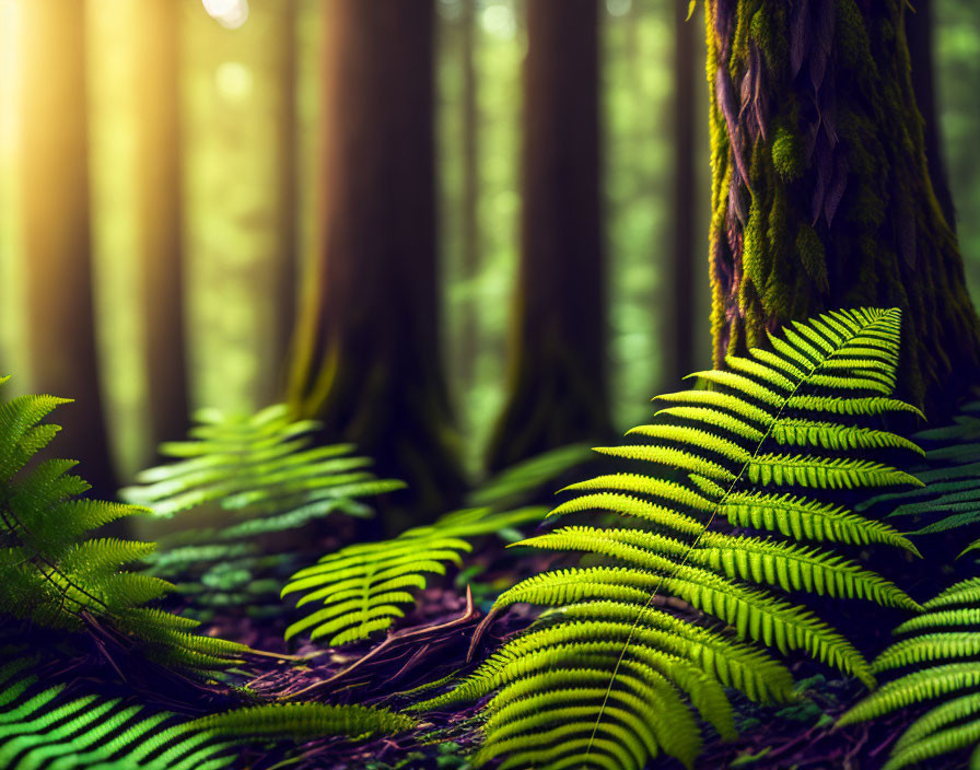 Dense Forest with Vibrant Ferns and Moss-Covered Tree Trunk