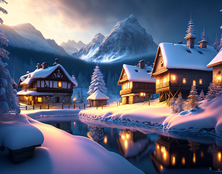 Snow-covered cabins beside tranquil river at twilight