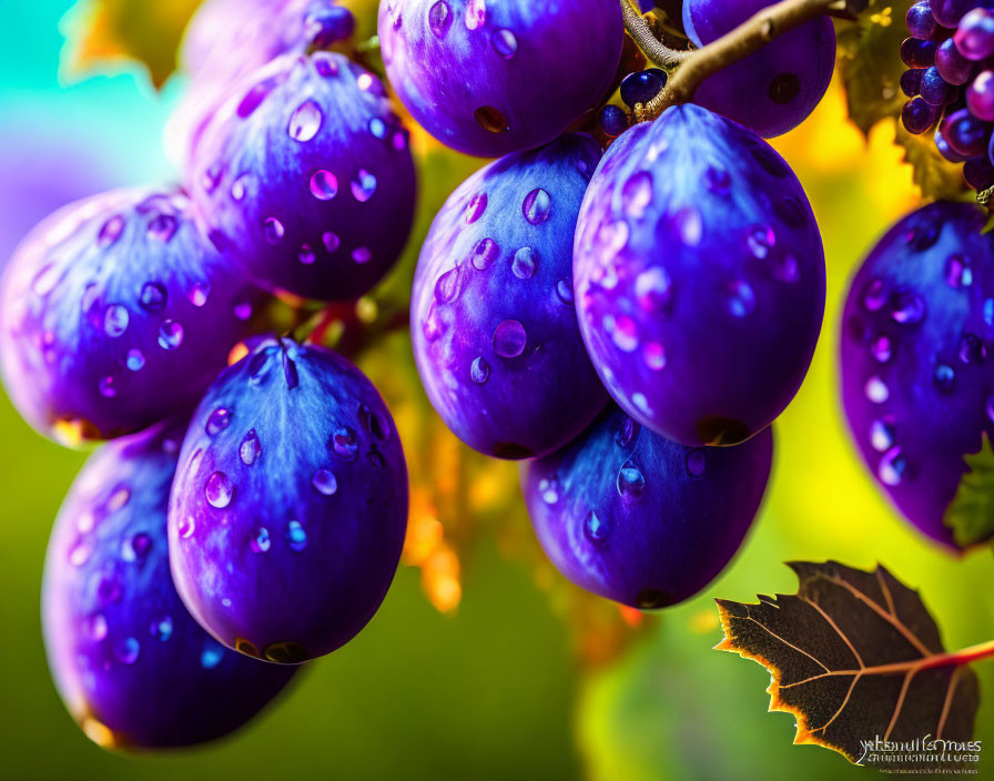 Fresh Purple Grapes with Water Droplets on Vine, Blurred Background