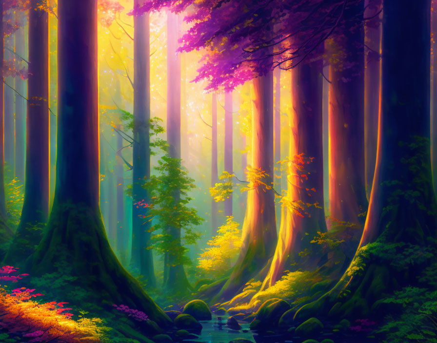 Lush Forest Scene with Sunbeams, Creek, and Colorful Undergrowth