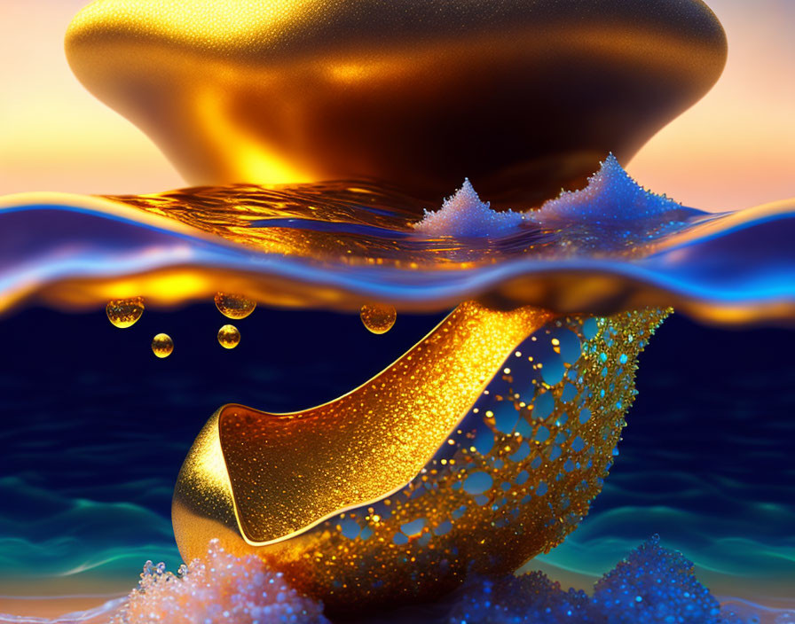 Golden Sparkling Apple-Like Object Floating Above Blue Water