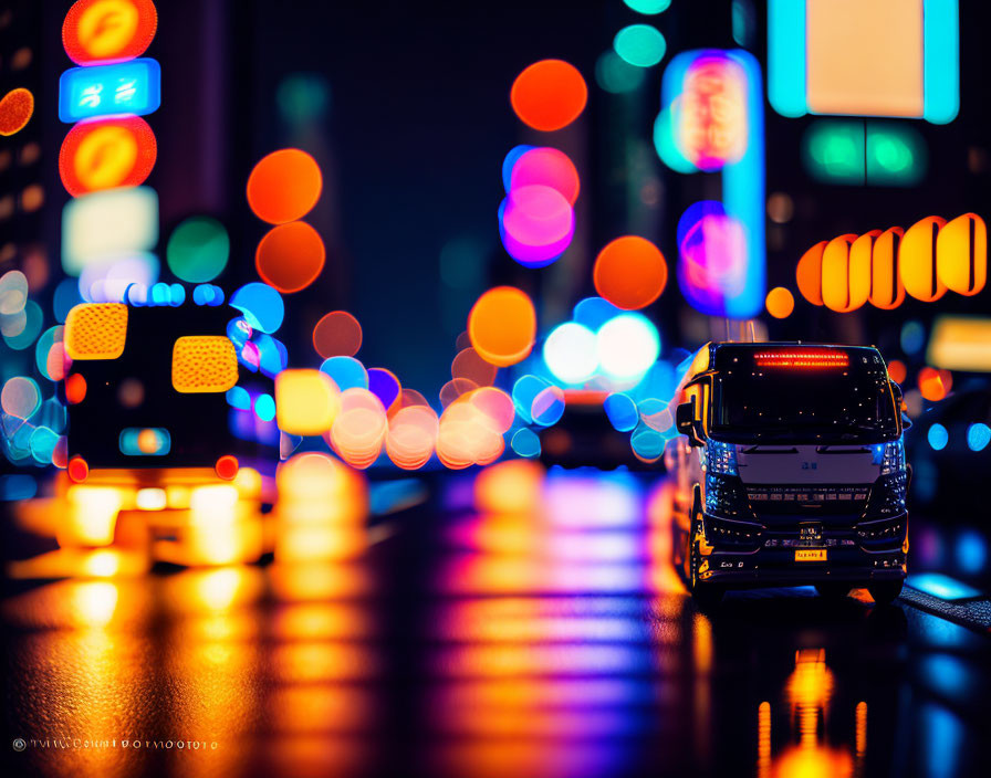 Vehicle on Wet Night Street with Colorful Bokeh Lights