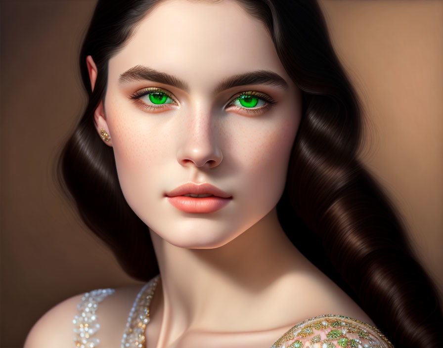 Young woman portrait: green eyes, dark hair, detailed dress, warm backdrop