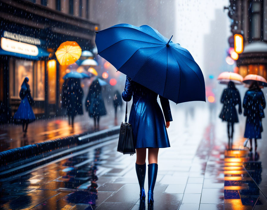 City street scene: person with blue umbrella and rain boots in rain at twilight.