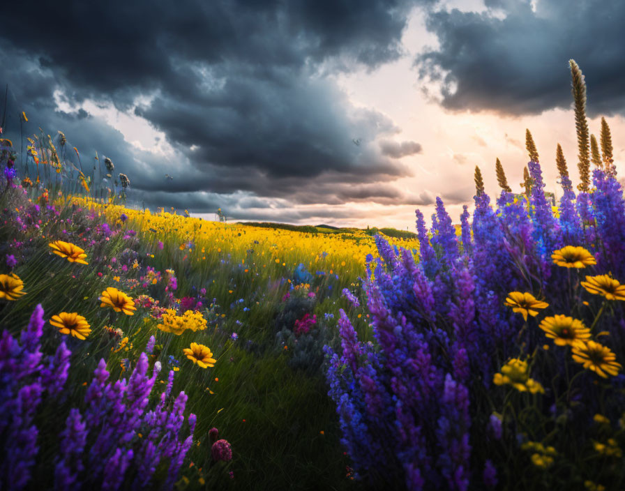 Colorful purple and yellow flower field under dramatic cloudy sky