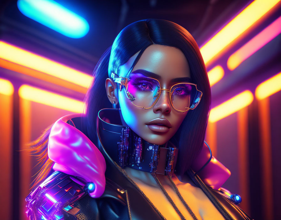 Futuristic woman in cyberpunk attire with purple-tinted glasses