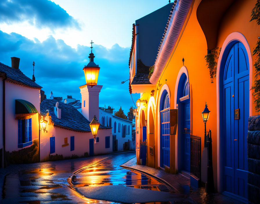 Picturesque European Street with Cobblestones and Blue Buildings at Dusk