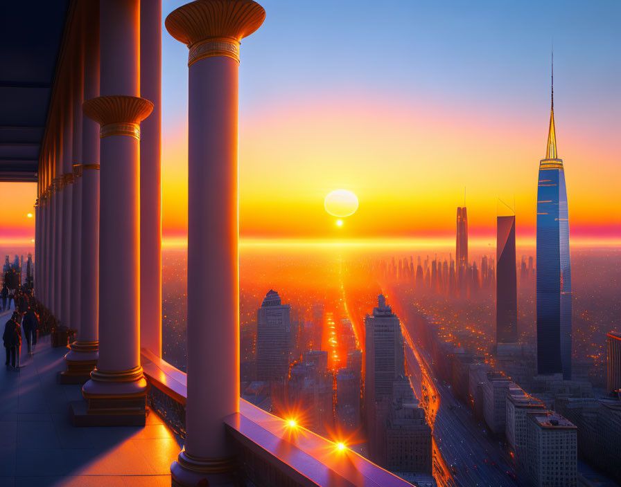 Balcony sunset view: city skyline with silhouetted skyscrapers