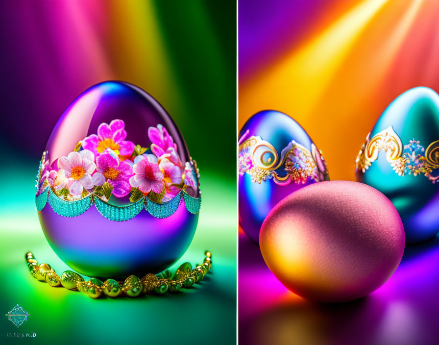 Colorful Easter eggs with ornate designs on rainbow background