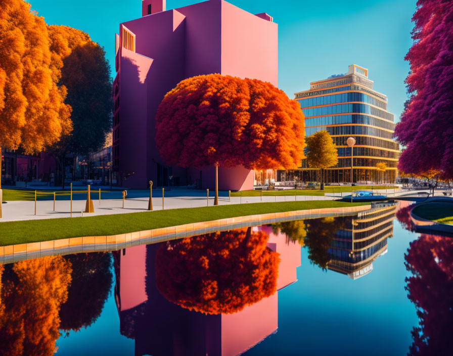 Autumn trees with red foliage reflected in pond by modern pink buildings