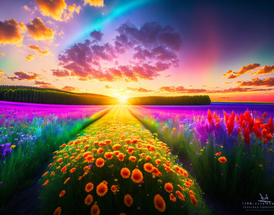 Colorful Field of Flowers Under Vibrant Sunset Sky