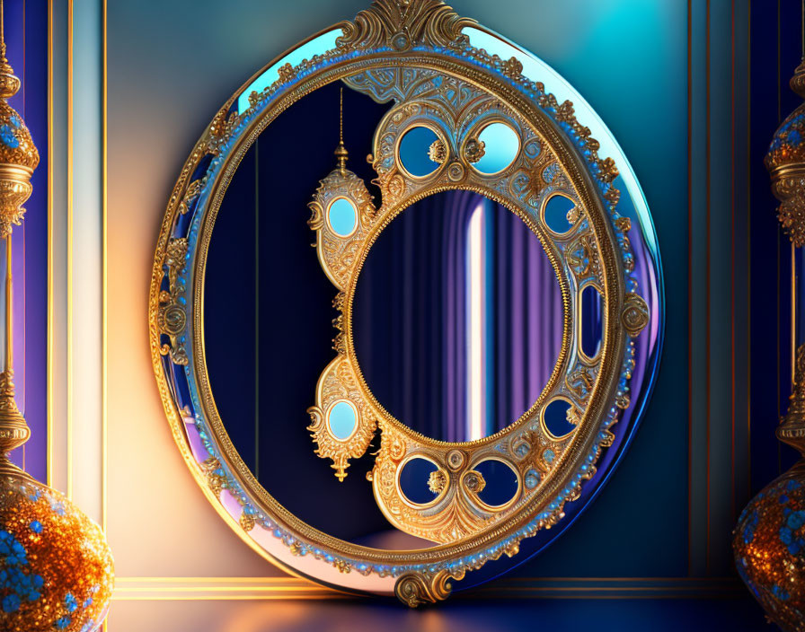 Golden Clock with Opalescent Accents on Blue-Purple Striped Background