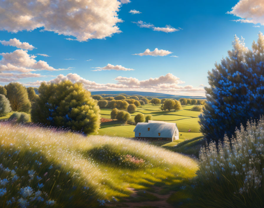 Tranquil countryside scene with white house, green fields, blue sky, and wildflowers