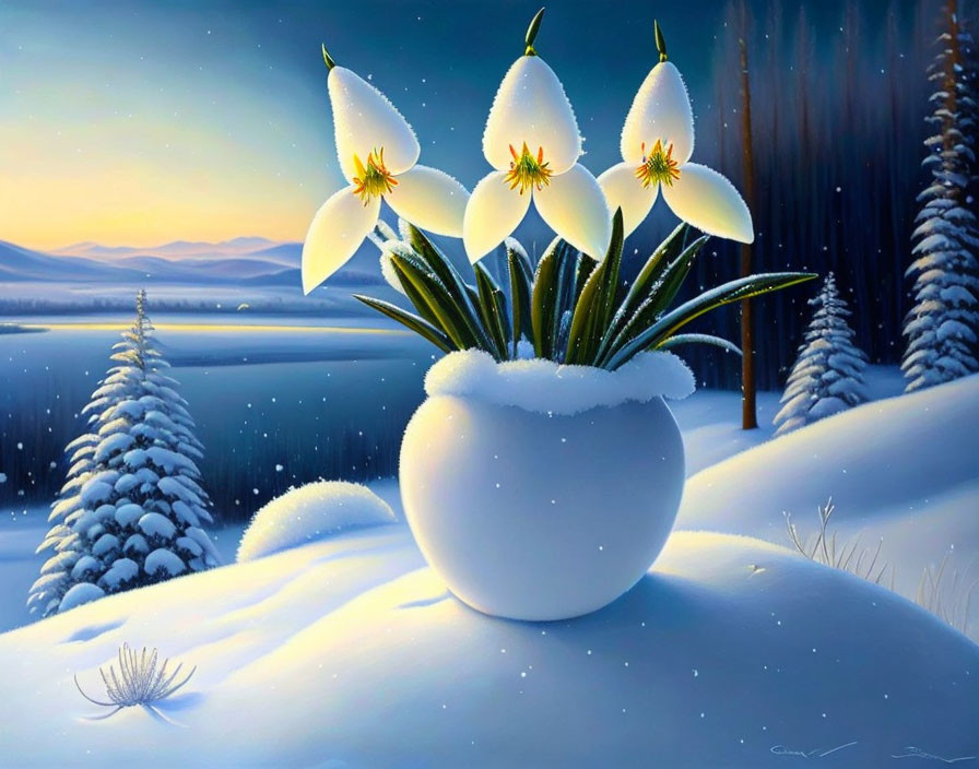 Winter landscape with white flowers, snowy trees, and calm lake under twilight sky