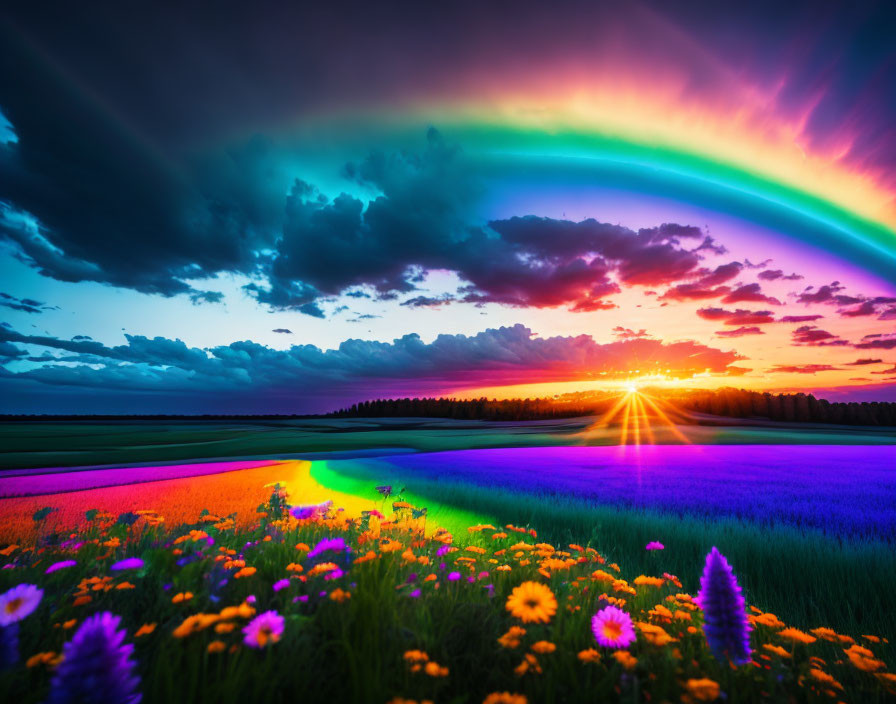 Colorful Flower Field Sunset with Vibrant Rainbow