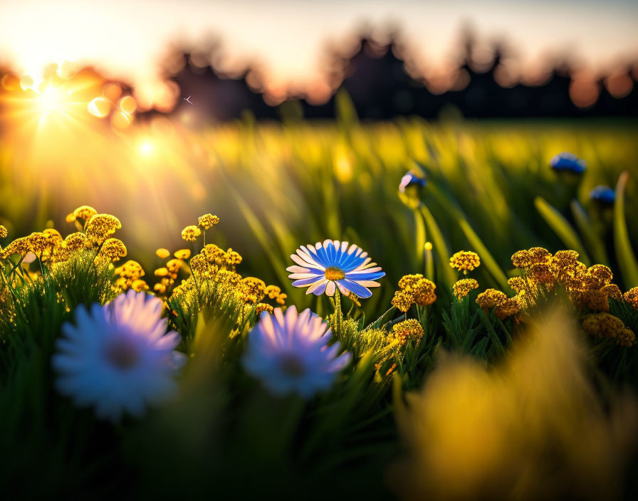 Close-up: Vibrant meadow with daisies and yellow flowers at sunset