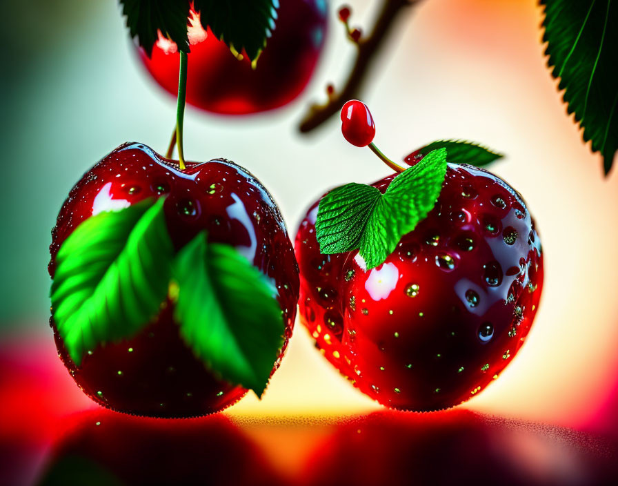 Vibrant cherries with water droplets and green leaves on colorful background