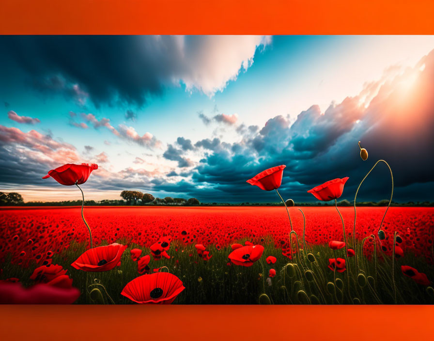 Dramatic sky over vibrant red poppy field