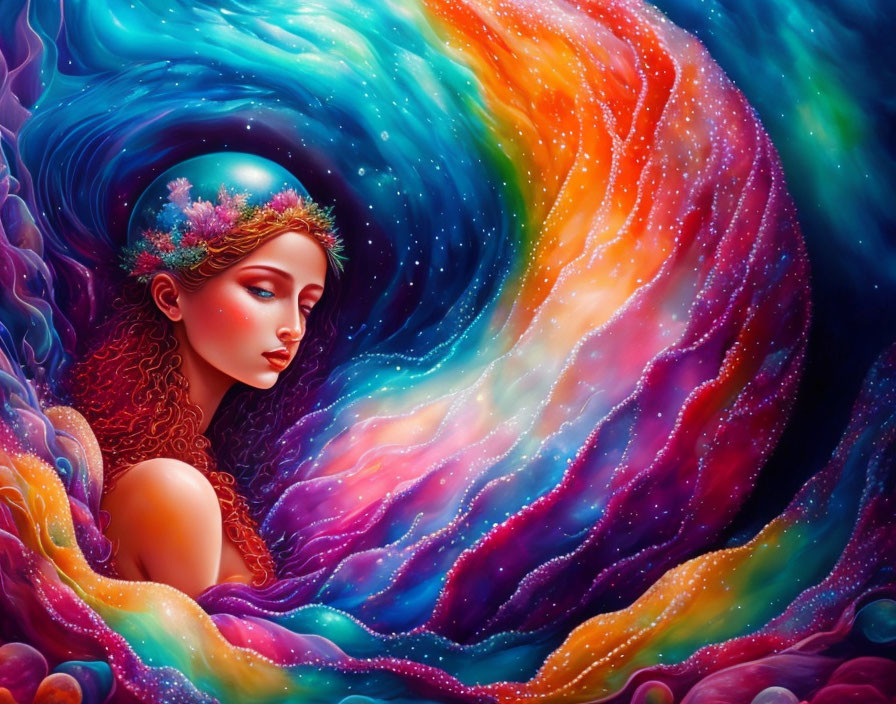 Woman with Floral Crown and Curly Hair in Vibrant Cosmic Setting