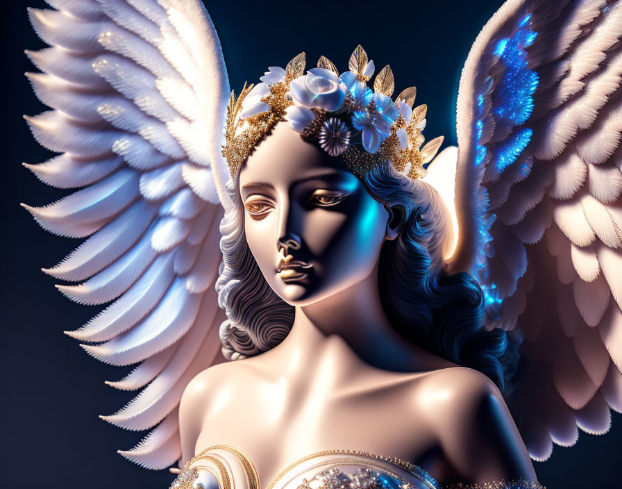 Elegant 3D angel illustration with white wings and golden headpiece