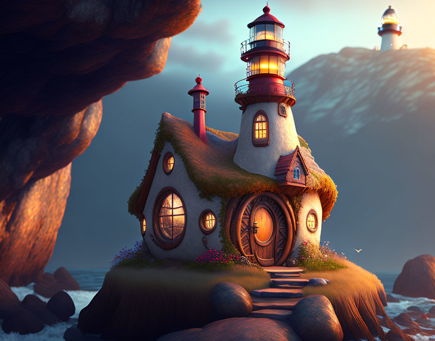 Seaside cottage with lighthouse on rocky shore at sunset