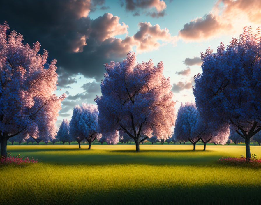 Vibrant purple flowering trees in serene landscape at dusk