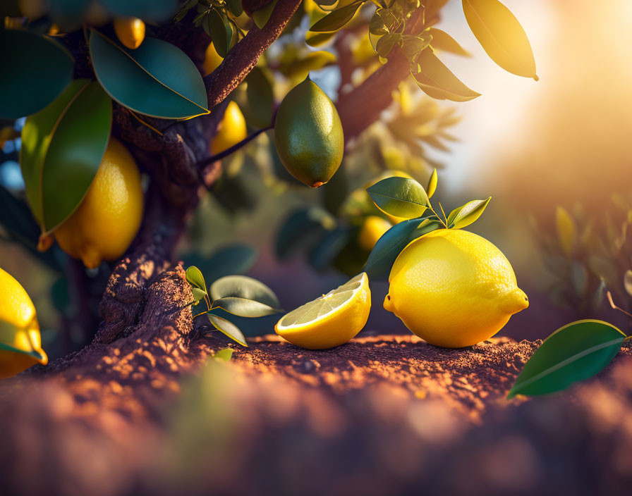 Ripe Lemons on Tree with Sliced Piece on Sunlit Ground